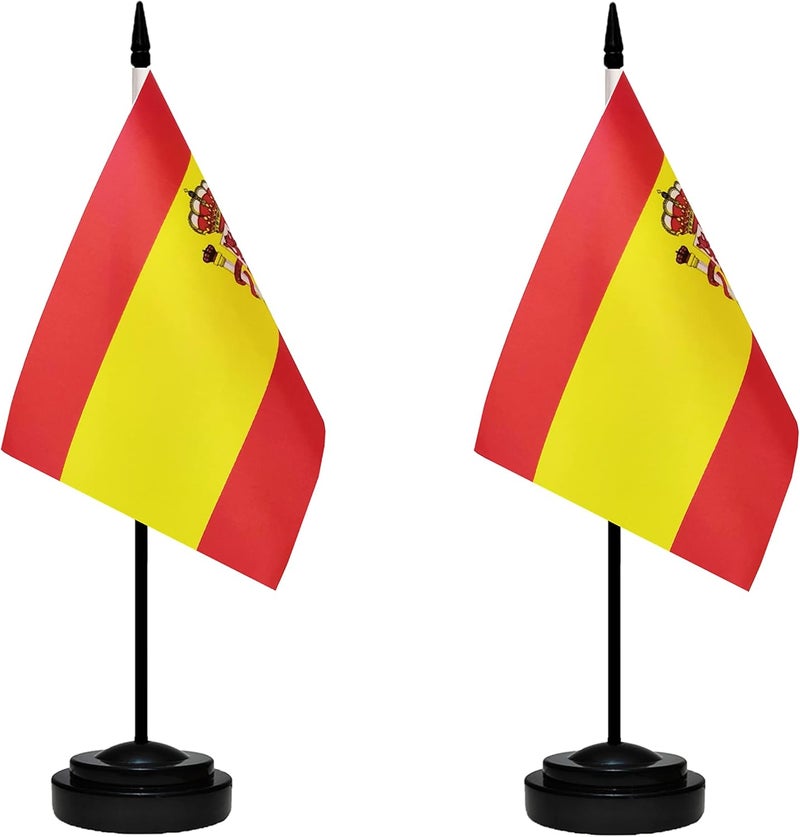 tibijoy Spain Spanish Deluxe Desk Flag Set, Small Mini Miniature Spain Spanish Table Desktop Flags With Solid Pole, Black Base and Spear Top(2 Pack) - Image 1